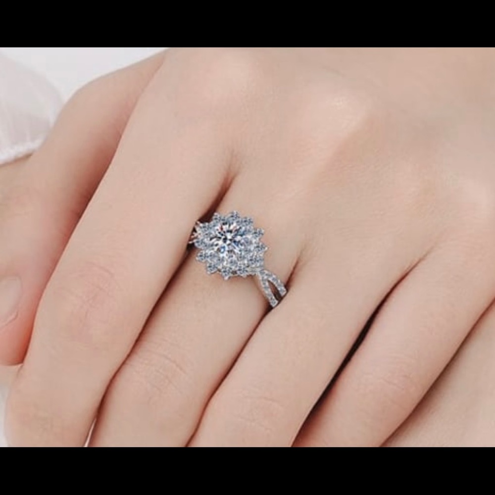 Sterling Silver Moissanite White Flower Engagement Ring - Picture 5 of 10